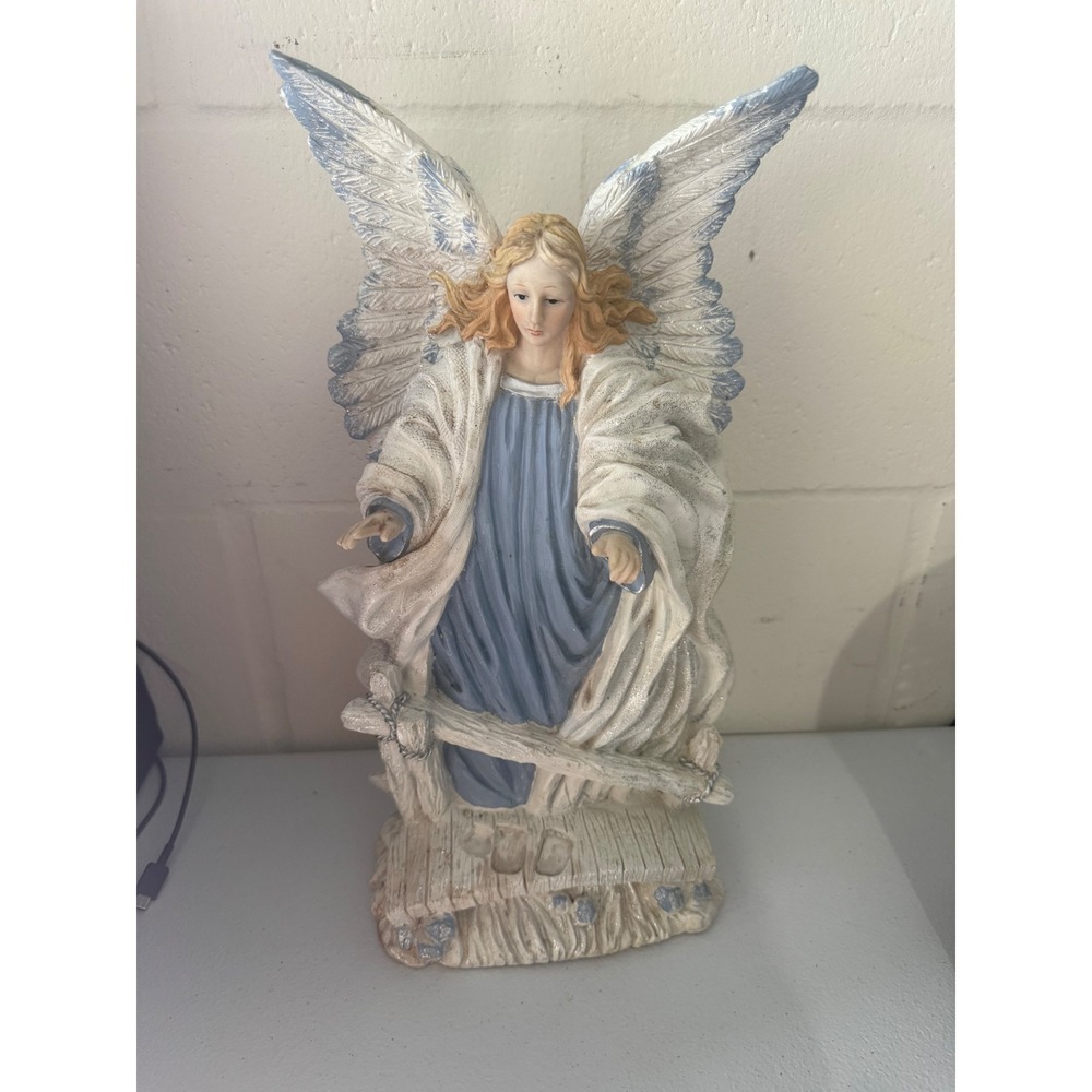 Guardian Angel Figurine Blue White Robes Rosary Cross Religious Statue 10 Inch